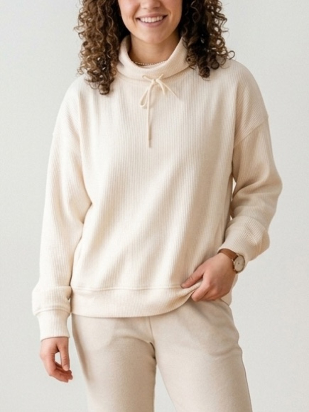 Lou & Grey Ivory Soft Velour Ribbed Turtleneck Loungewear Cozy Sweatshirt XL